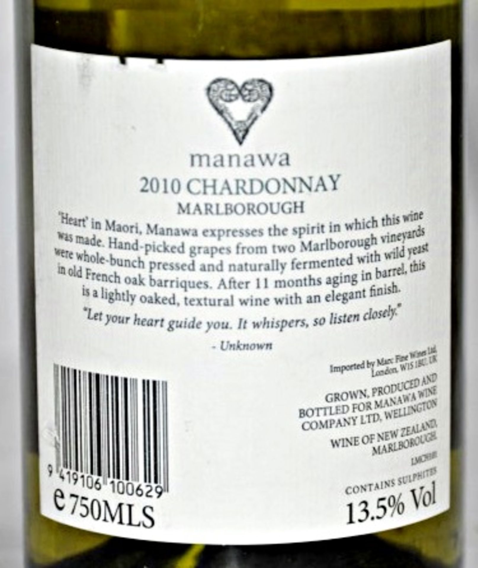 6 x Manawa Chardonnay, Marlborough, New Zealand – 2010 - Bottle Size 75cl - Volume 13.5% - Ref W1161 - Image 3 of 3