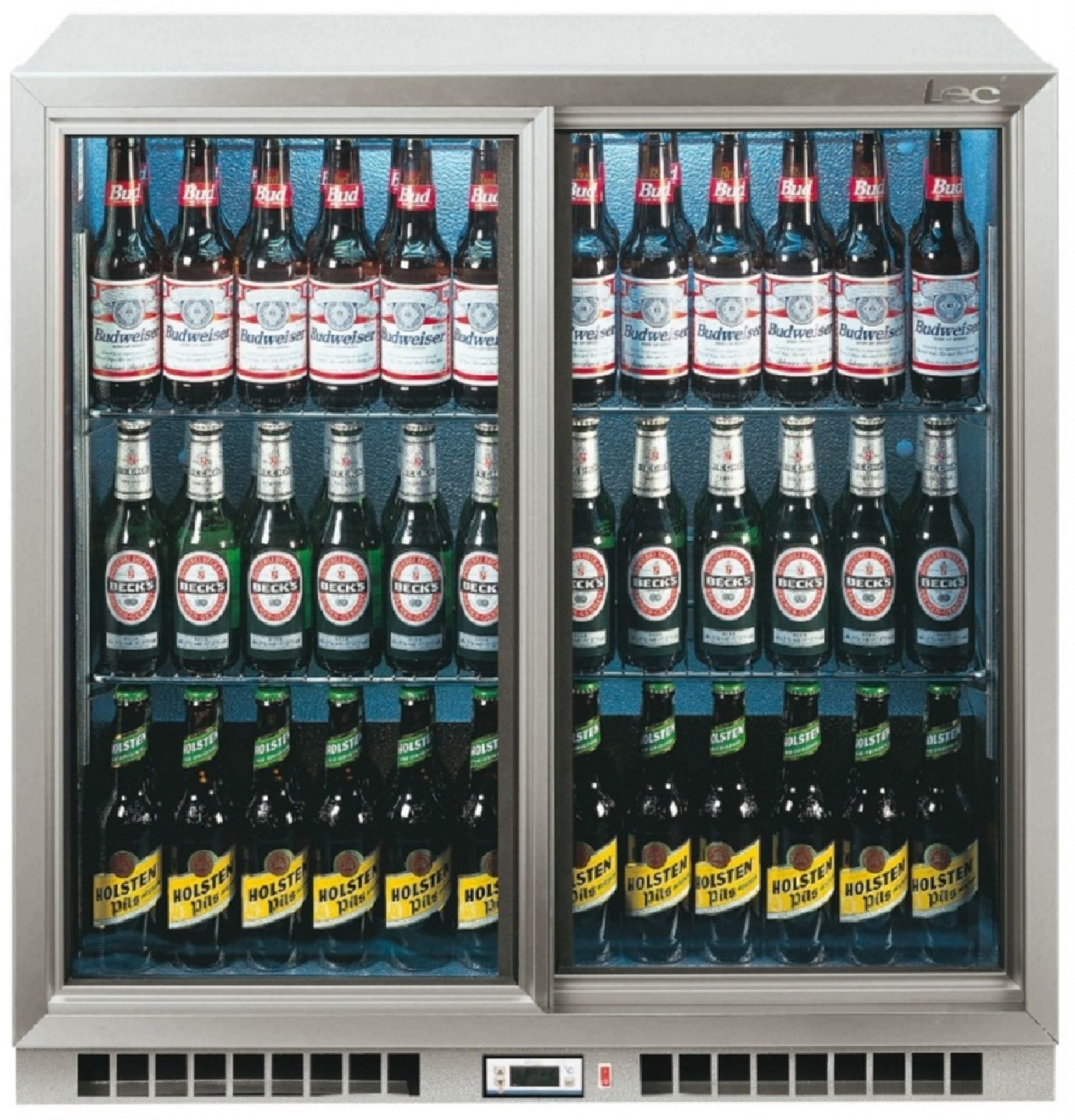 1 x Lec BC9027G Double Sliding Door Lockable Back Bar Fridge in Silver – M-GRADE – Ref: FA2103 –