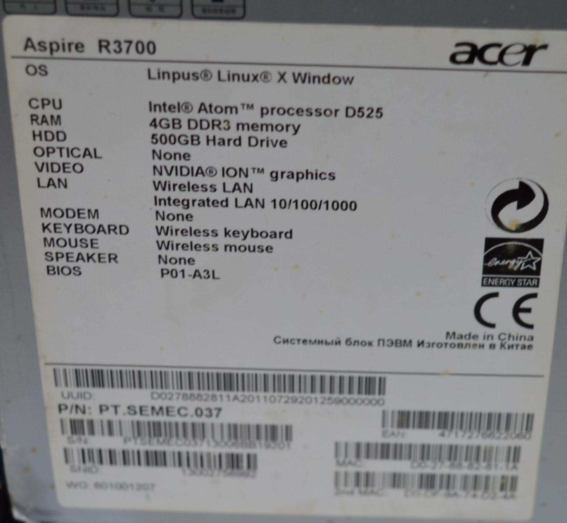 1 x Acer Aspire R3700 Ultra Small Form Factor Desktop Computer - Intel Atom Dual Core Processor, 4gb - Image 10 of 10