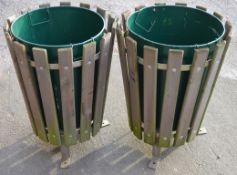 2 x Round Wooden Waste Bins With Metal Inners - Tanalised Wood For Preservation Treatment Ensuring