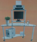 1 x Ergonomix Glass PC Workstation - 12mm Glass Desk Top With Harmonised Desktop and Printer Shelves