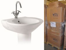 Pallet Lot TWENTY (20) Vogue Bathrooms TEFELI Single Tap Hole SINK BASINS with Pedestals - 550mm