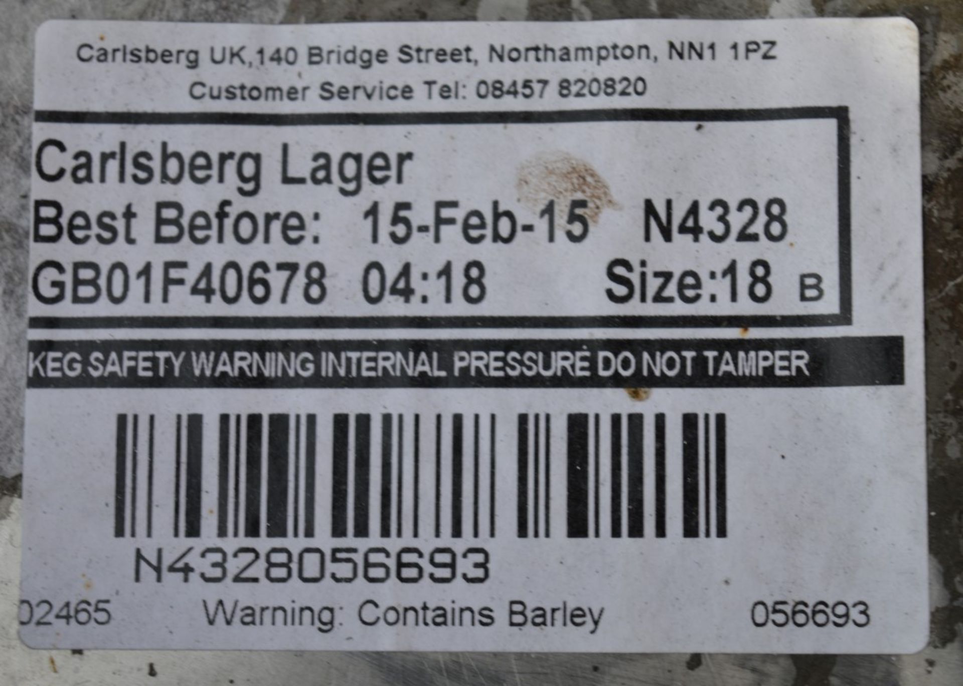 1 x Beer Keg CARLSBERG LAGER - Full Unused Keg - Best Before 15 Feb 2015 - See Images For - Image 3 of 3