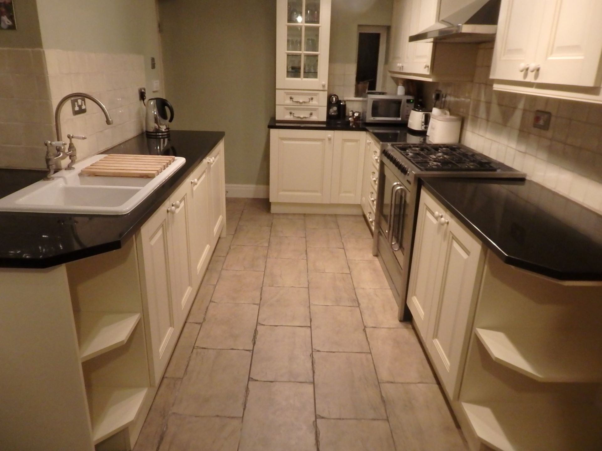 1 x Antique Cream Shaker Style Kitchen With Black Granite Worktops - Pewter and Glazed Porcelian - Image 23 of 24