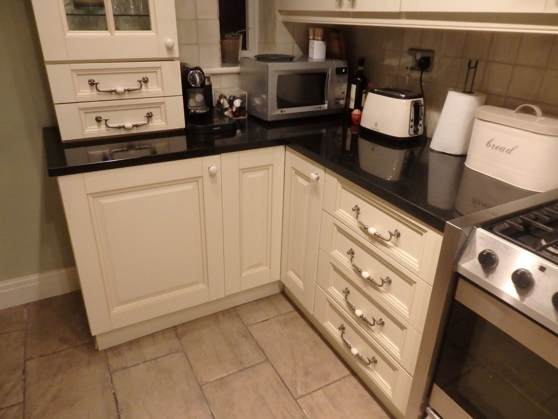 1 x Antique Cream Shaker Style Kitchen With Black Granite Worktops - Pewter and Glazed Porcelian - Image 20 of 24