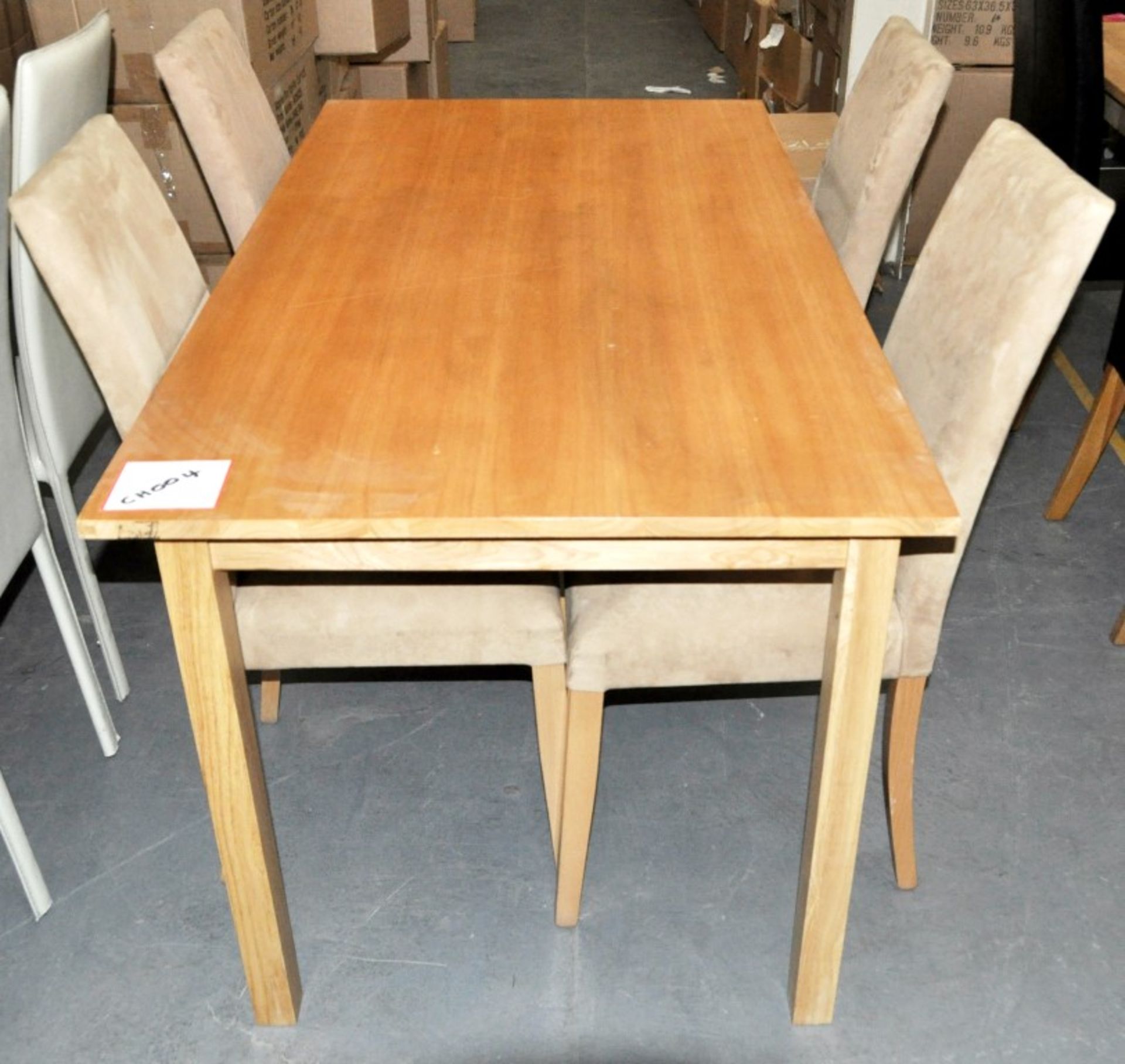 1 x Beech 5ft Table With 4 x Chairs Covered In Fawn Coloured Suede - Ref CH004 – Chairs Feature