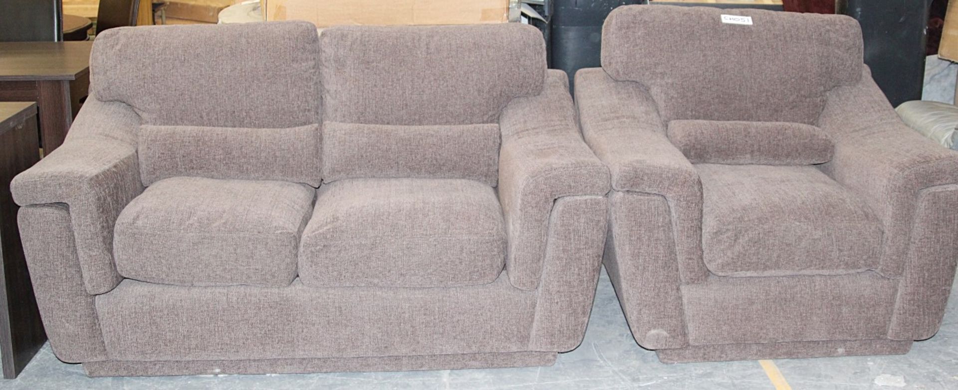 “WADE” 2-Seater & Chair Set – Both Upholstered In Light Brown Chenille Fabric – Ref CH051 - Original