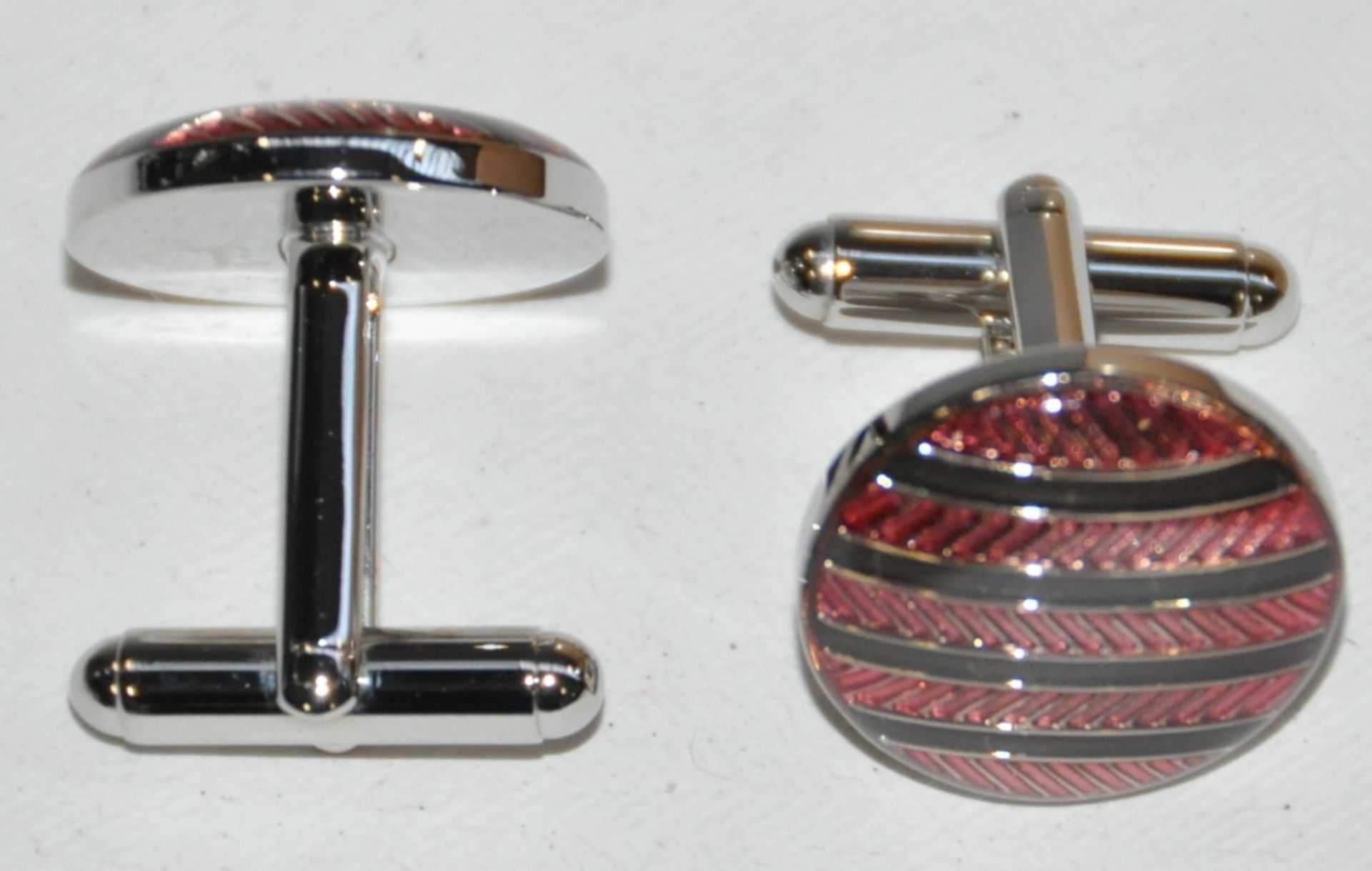 12 x Pairs of Genuine “Circle, Stripe” Enamel CUFFLINKS by Ice London – Silver Plated, 2 Colours - Image 4 of 6