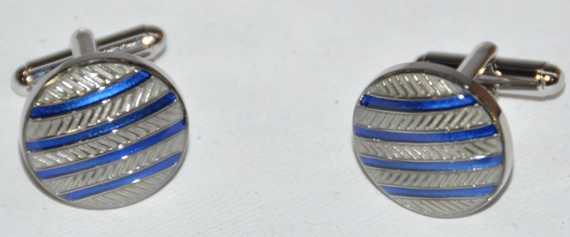 12 x Pairs of Genuine “Circle, Stripe” Enamel CUFFLINKS by Ice London – Silver Plated, 2 Colours - Image 3 of 6