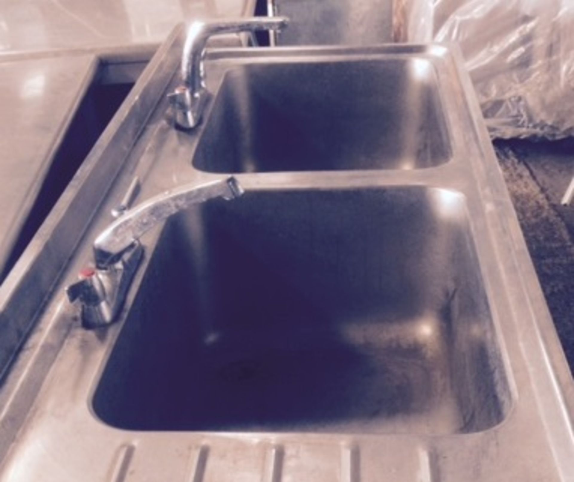 1 x Stainless Steel Commercial Catering Twin Sink Couinter Unit With Mixer Taps and Undershelf - H84 - Image 2 of 3