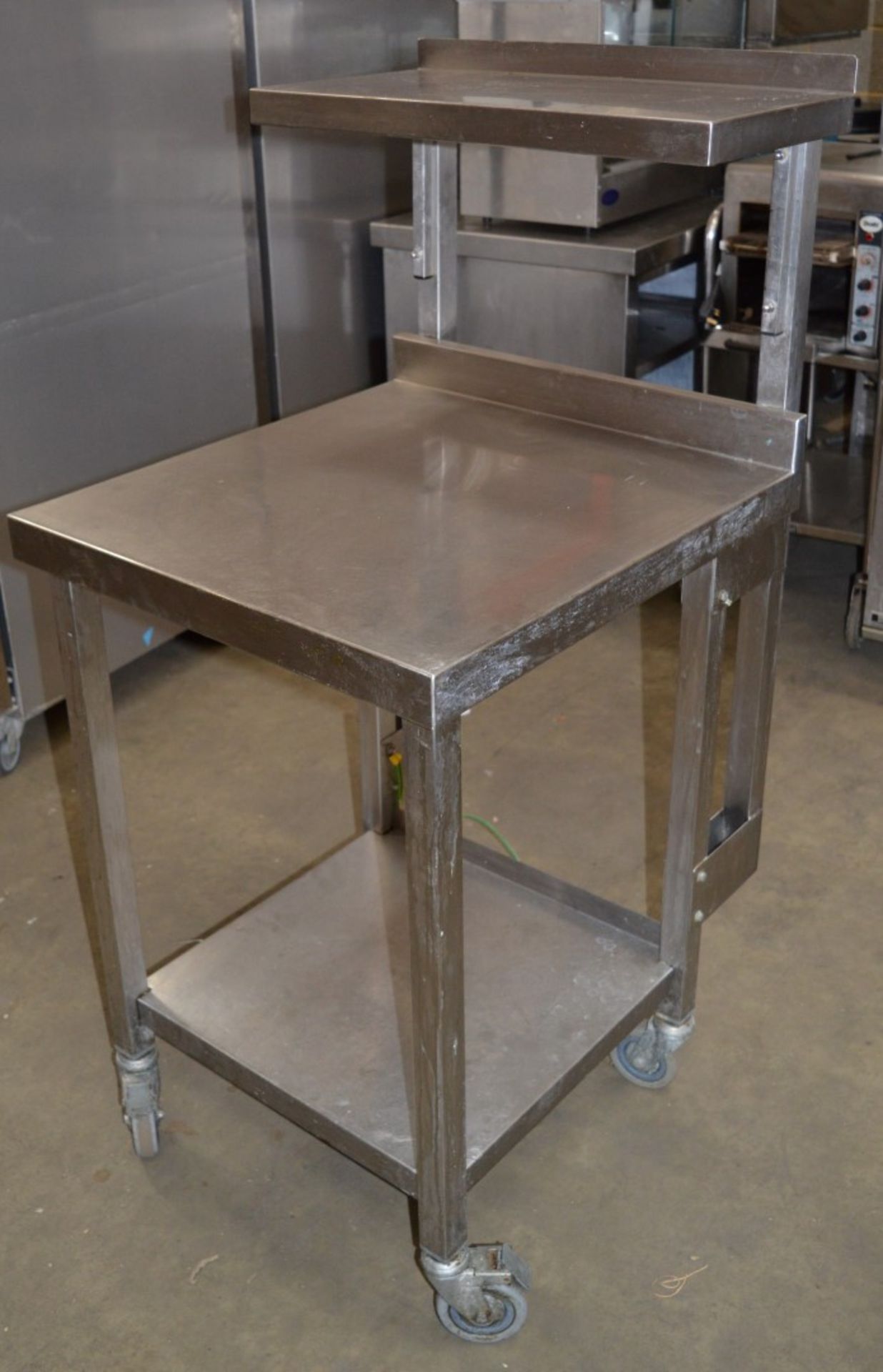 1 x Stainless Steel Commercial Catering Prep Bench on Castors With Under Shelf and Over Shelf - H131