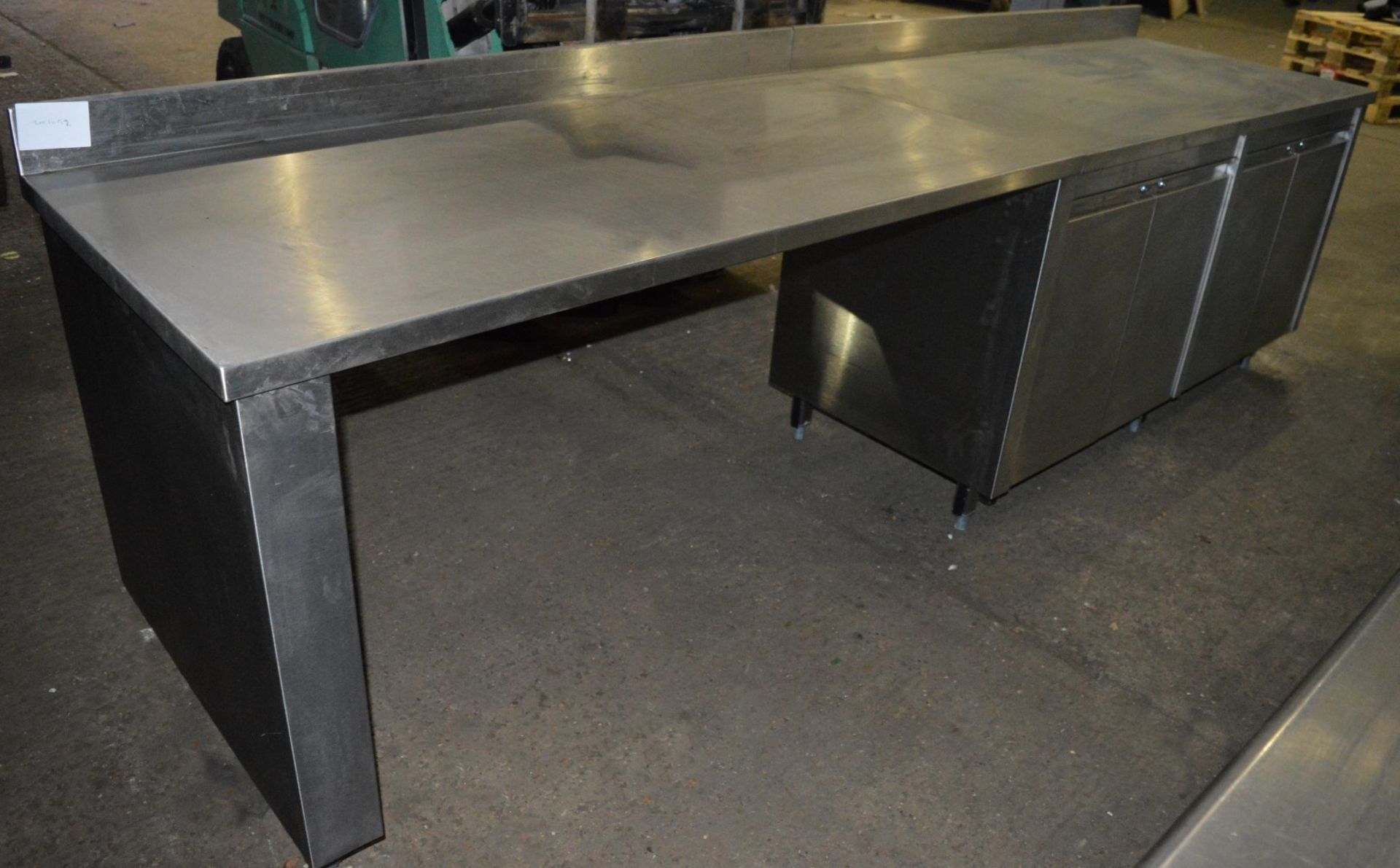1 x Stainless Steel Commercial Kitchen Prep Bench With Two Storage Cabinets and Splash Back -