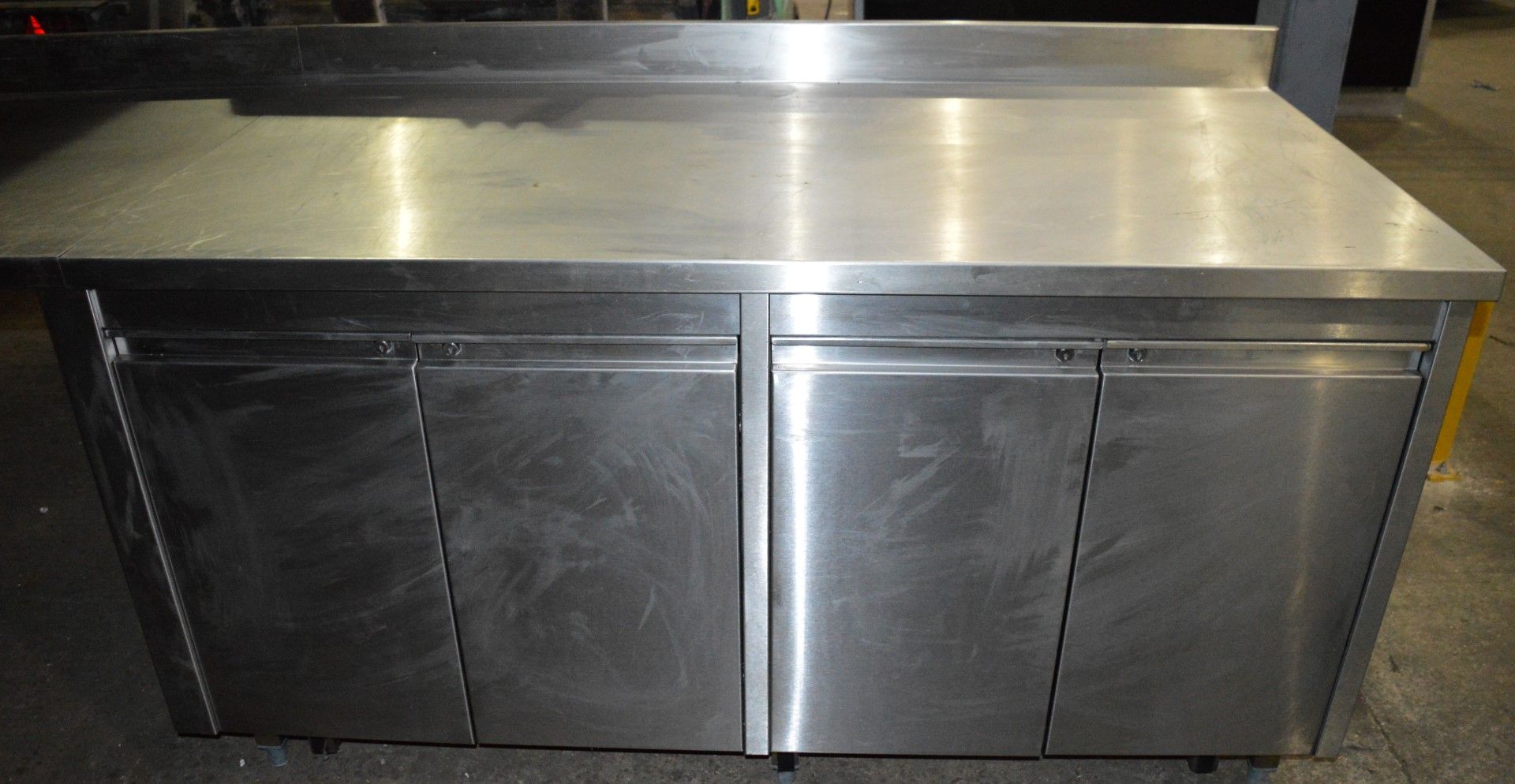 1 x Stainless Steel Commercial Kitchen Prep Bench With Two Storage Cabinets and Splash Back - - Image 2 of 5