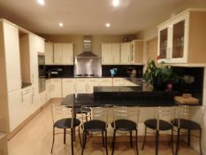 1 x Hygena Fitted Kitchen - Cream Gloss Doors With T Bar Handles - Black Granite Worktops - Bosch