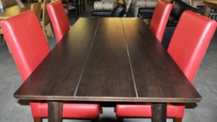 1 x Solid Dark "MARK WEBSTER" Wooden Table with 4 Matching Red Chairs – Ex Display – Dimensions :