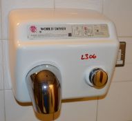 1 x World Dryer Heavy Duty Wall Mounted Bathroom Hand Dryer - Vandal Resistant, Automatic Turn Off