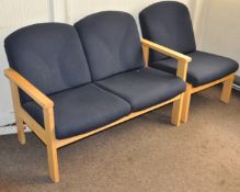 2 x Reception Seats Including Two Seater and Single Seater - Beech Wooden Frame With Blue Fabric