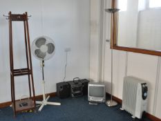 Assorted Collection of Items Consisting of Vintage Coat Stand, Upright Fan, Stereo System, TV/