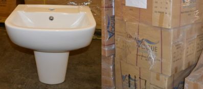 Pallet Lot TWENTY (20) Vogue Bathrooms ZERO Single Tap Hole SINK BASINS With Semi Pedestals -