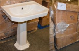 Pallet Lot TWENTY (20) Vogue Bathrooms ODEON Two Tap Hole SINK BASINS With Pedestals - 600mm Width -