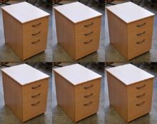 6 x Three Drawer Mobile Pedestal Drawers - With Keys - Modern Beech Finish - Two Storage Drawers and
