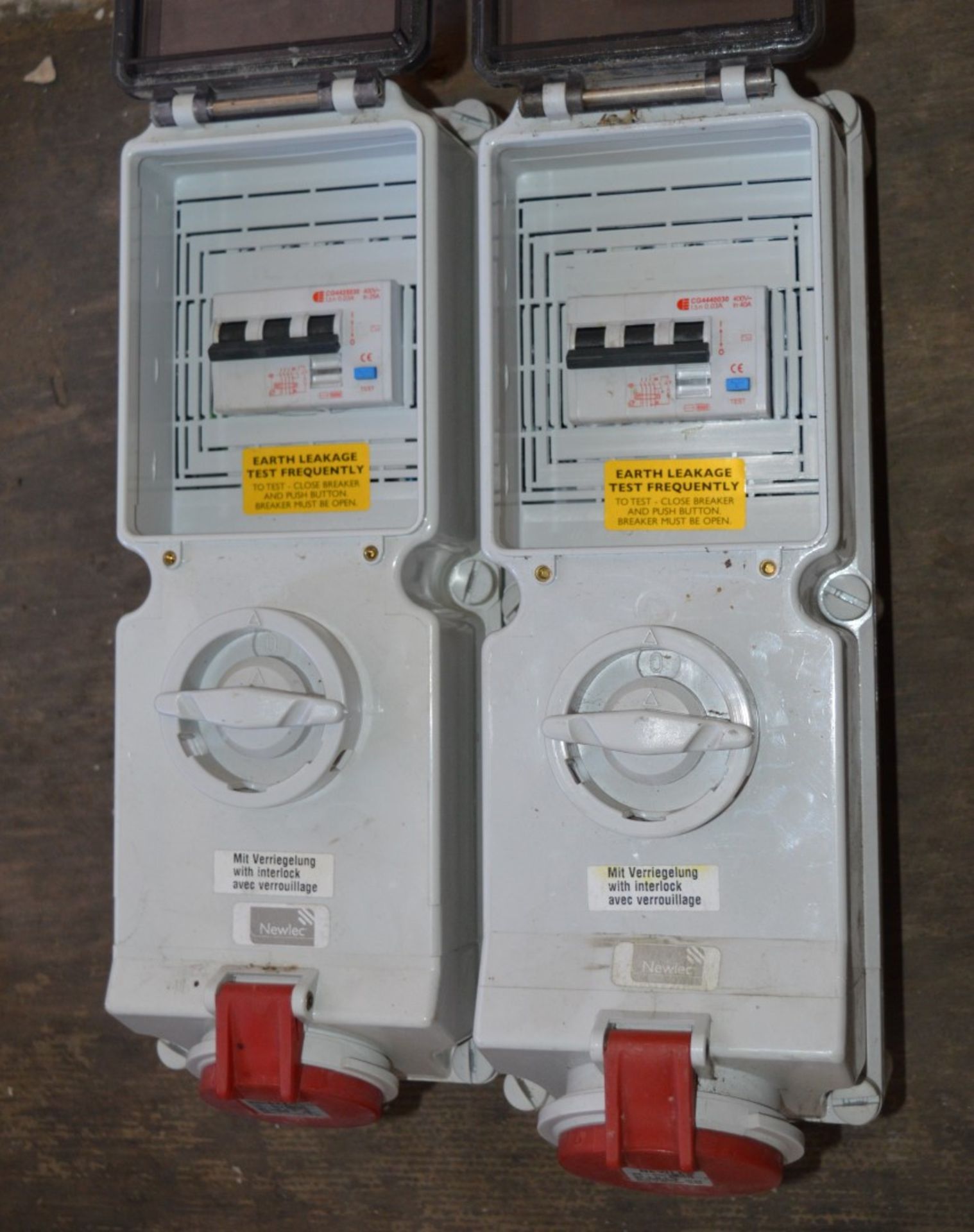 2 x Newlec Industrial Switched Interlock RCD Sockets - 40A/25A - 400V - Ref CW - CL110 - Location: