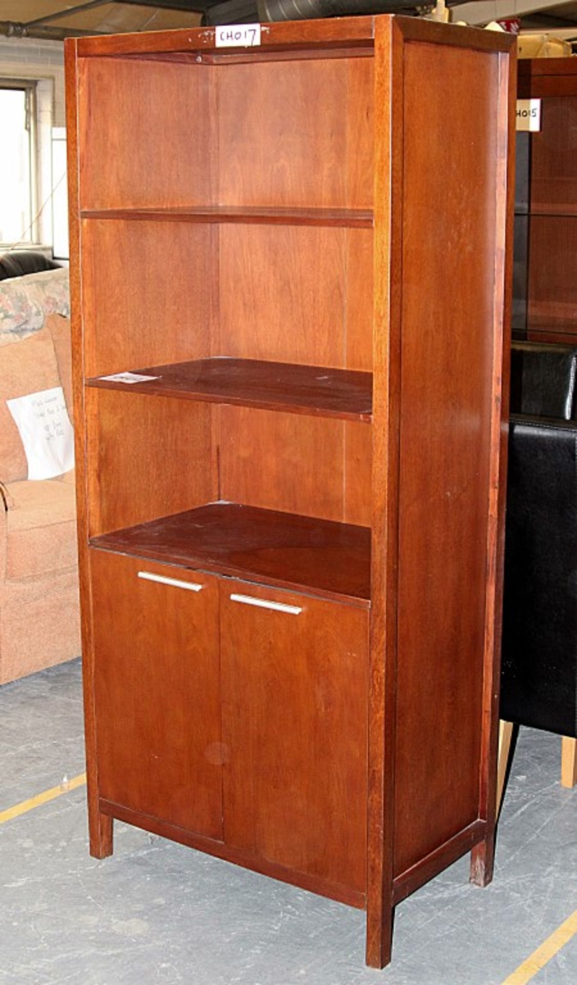 1 x Mahogany 3ft Tall 2 Door / 2 Shelf Unit With Glass Shelves – Ref CH017 – Ex Display Stock In