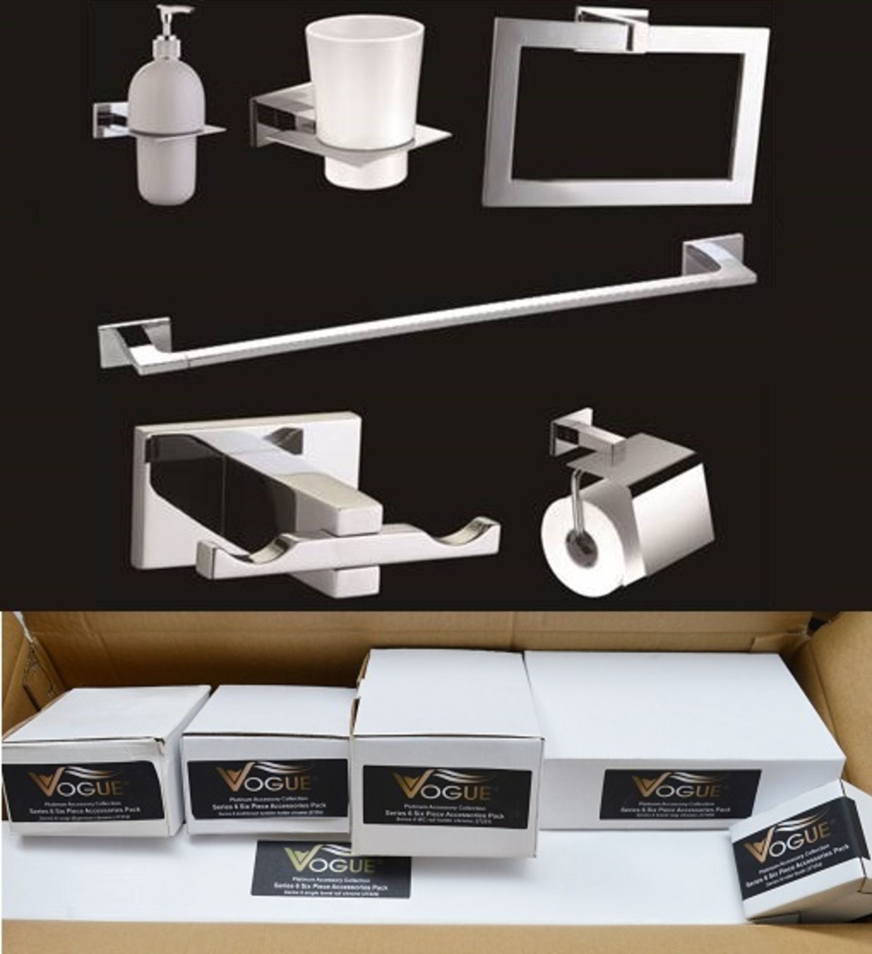 1 x Vogue Series 6 Six Piece Bathroom Accessory Set - Includes WC Roll Holder, Soap Dispenser,