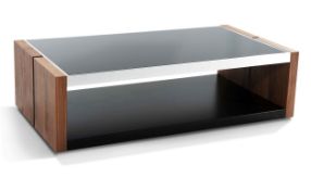 1 x Chelsom "Manhattan" Rectangular Walnut Black Glass Topped Coffee Table - L130 cm X W 40 cm XH 32