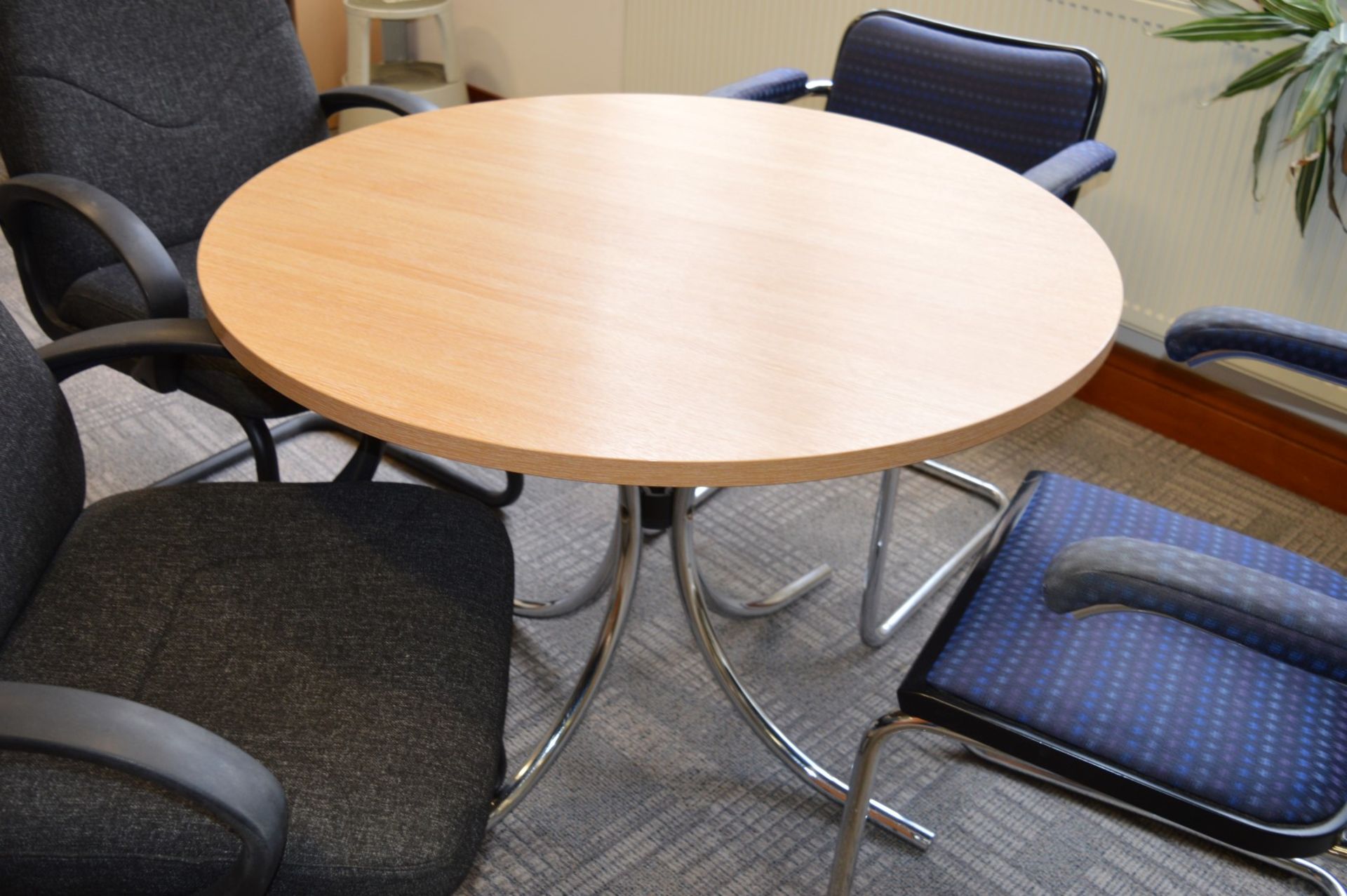 1 x Round Office Meeting Table With Four Chairs - Beech Table Surface With Chrome Base - Four - Image 5 of 6