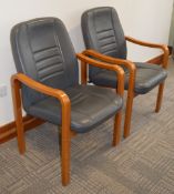4 x Matching Grey Leather Boardroom Reception Chairs With Wooden Frames - Four Comfortable