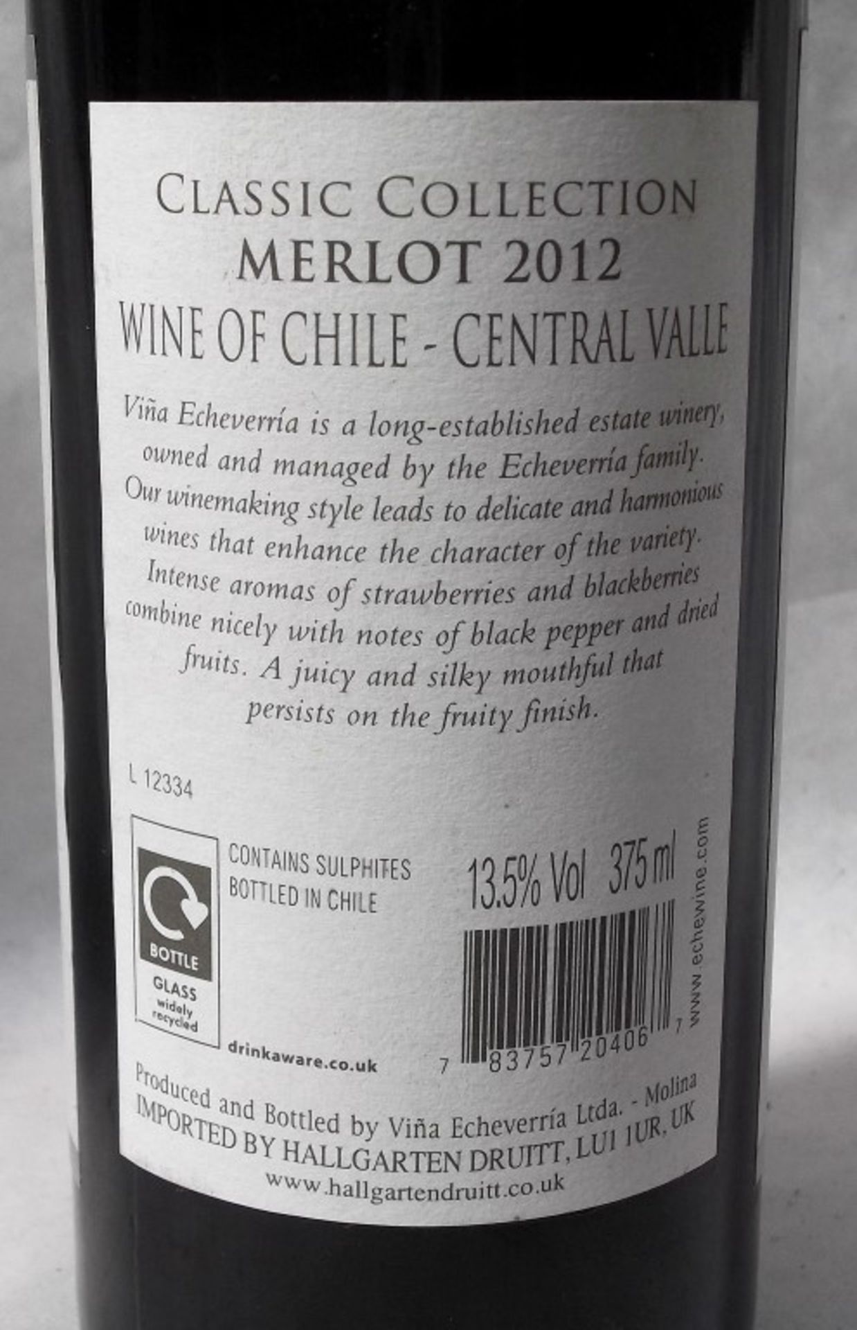 1 x Echeverria Classic Collection Merlot 2012 – 2012 - 375ml Bottle - Volume 13.5% - Ref W698 - - Image 2 of 3