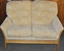 1 x Traditional Cintique 2 Seater Biege Patterened Sofa by Wade Upholstery – Solid Oak Frame – Ex