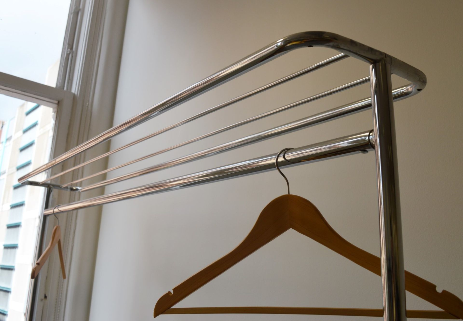 1 x Clothes Horse Rail / Coat Rack - Chrome Finish - One Castor Wheels Missing - H169 x W148 cms - - Image 2 of 3