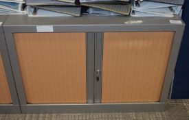 1 x Office Storage Cabinet With Tambour Sliding Doors - Includes Key - Grey Steel Cabinet With Beech