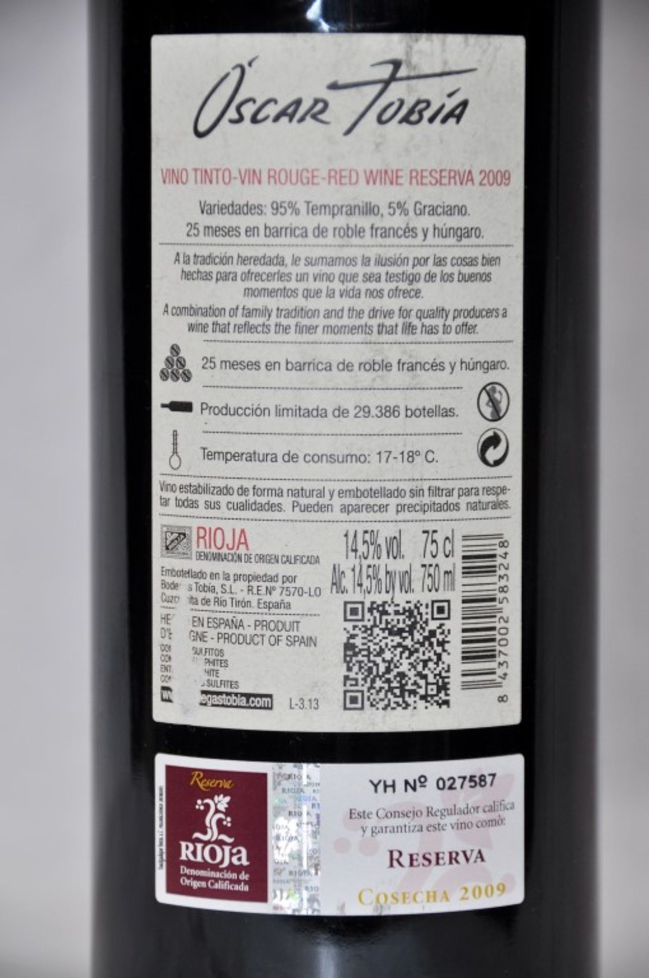 1 x Bodegas Tobia 'Oscar Tobia' Rioja Reserva Red Wine - Spanish Wine - Year 2009 - Bottle Size 75cl - Image 3 of 3