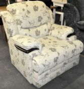 1 x Beige Fabric Pattern Armchair with Wood Trim Arms – £1,599 - Designed for Comfort – Ex Display –