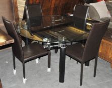 1 x Round Glass Extending Table With 4 Genuine Dark Brown Leather Chairs – Designed by Mark