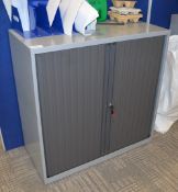 1 x Office Grey Steel Storage Cabinet With Dark Grey Tambour Sliding Doors - Includes Key - H99 x
