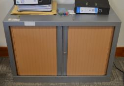 1 x Office Storage Cabinet With Tambour Sliding Doors - Includes Key - Grey Steel Cabinet With Beech