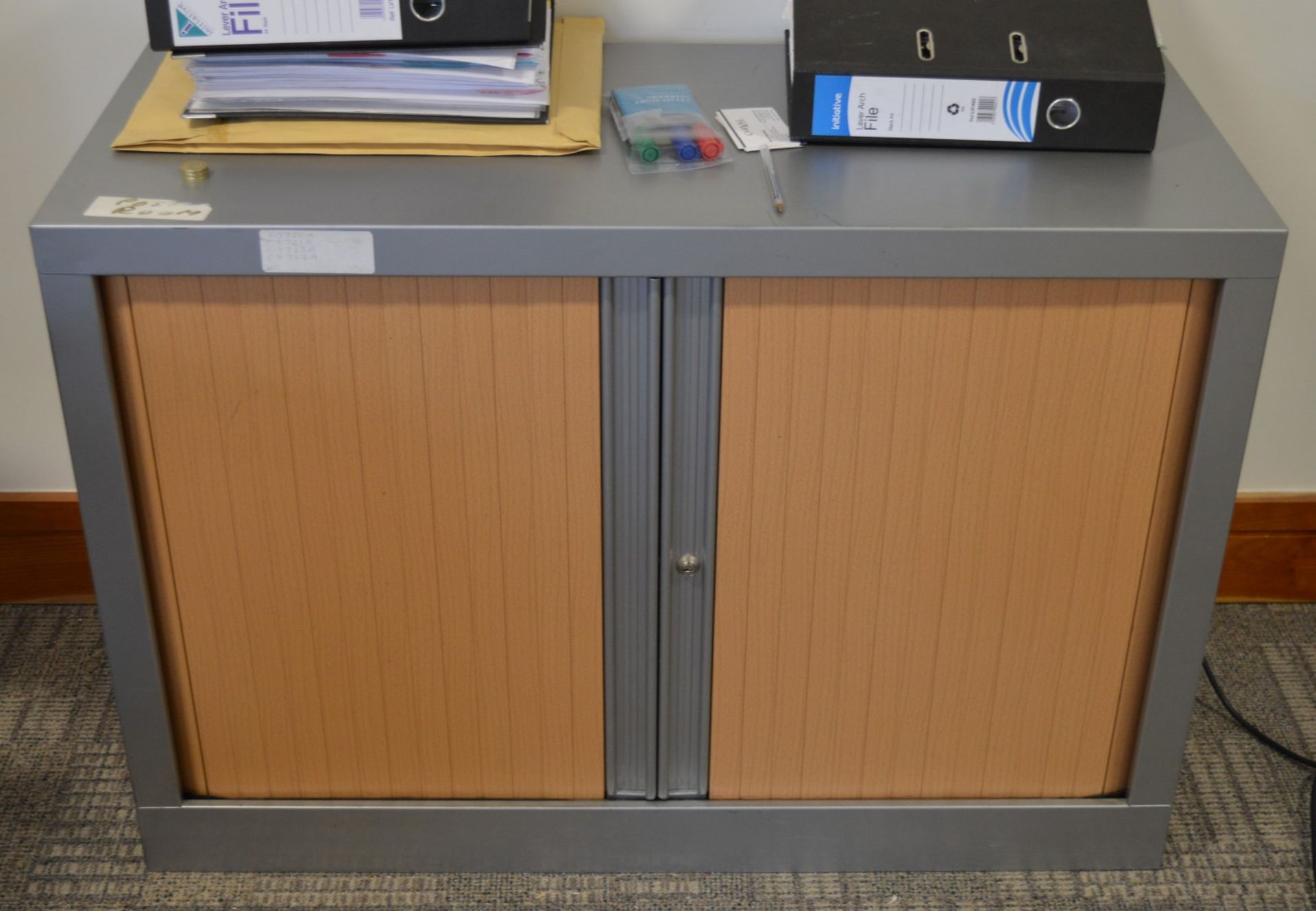 1 x Office Storage Cabinet With Tambour Sliding Doors - Includes Key - Grey Steel Cabinet With Beech