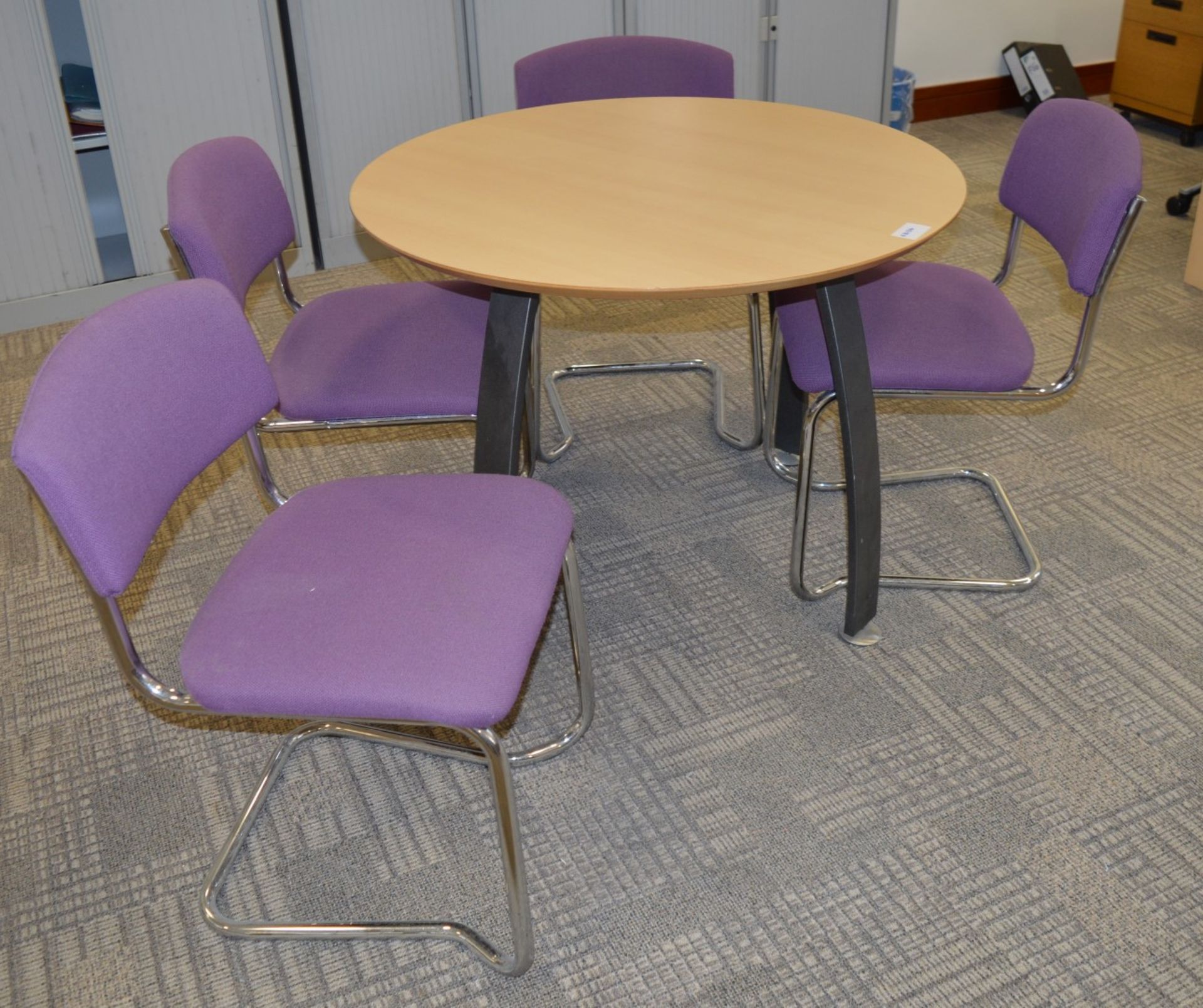 1 x Round Office Meeting Table With Four Matching Chairs - Beech Table Surface With Chrome Base - - Image 6 of 7