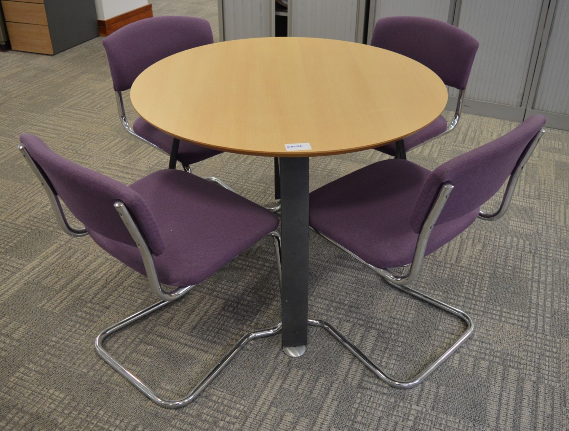 1 x Round Office Meeting Table With Four Matching Chairs - Beech Table Surface With Chrome Base - - Image 2 of 7