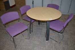 1 x Round Office Meeting Table With Four Matching Chairs - Beech Table Surface With Chrome Base -