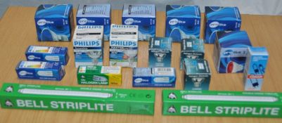 18 x Various Lightbulbs - Includes Blue Halogen Bulbs, Bell Striplites and More - All Unused Stock -