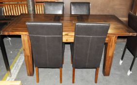 1 x Cognac Acacia Table & 4 Genuine Dark Brown Leather Chairs – Designed by Morris of Glasgow – Ex