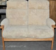 1 x Traditional Cintique 2 Seater Biege Patterened Sofa by Wade Upholstery – Solid Oak Frame – Ex