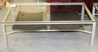 1 x Glass Topped Table With Leather Padded Shelf – Great Modern Design - Ref CH047 – Grey / Silver