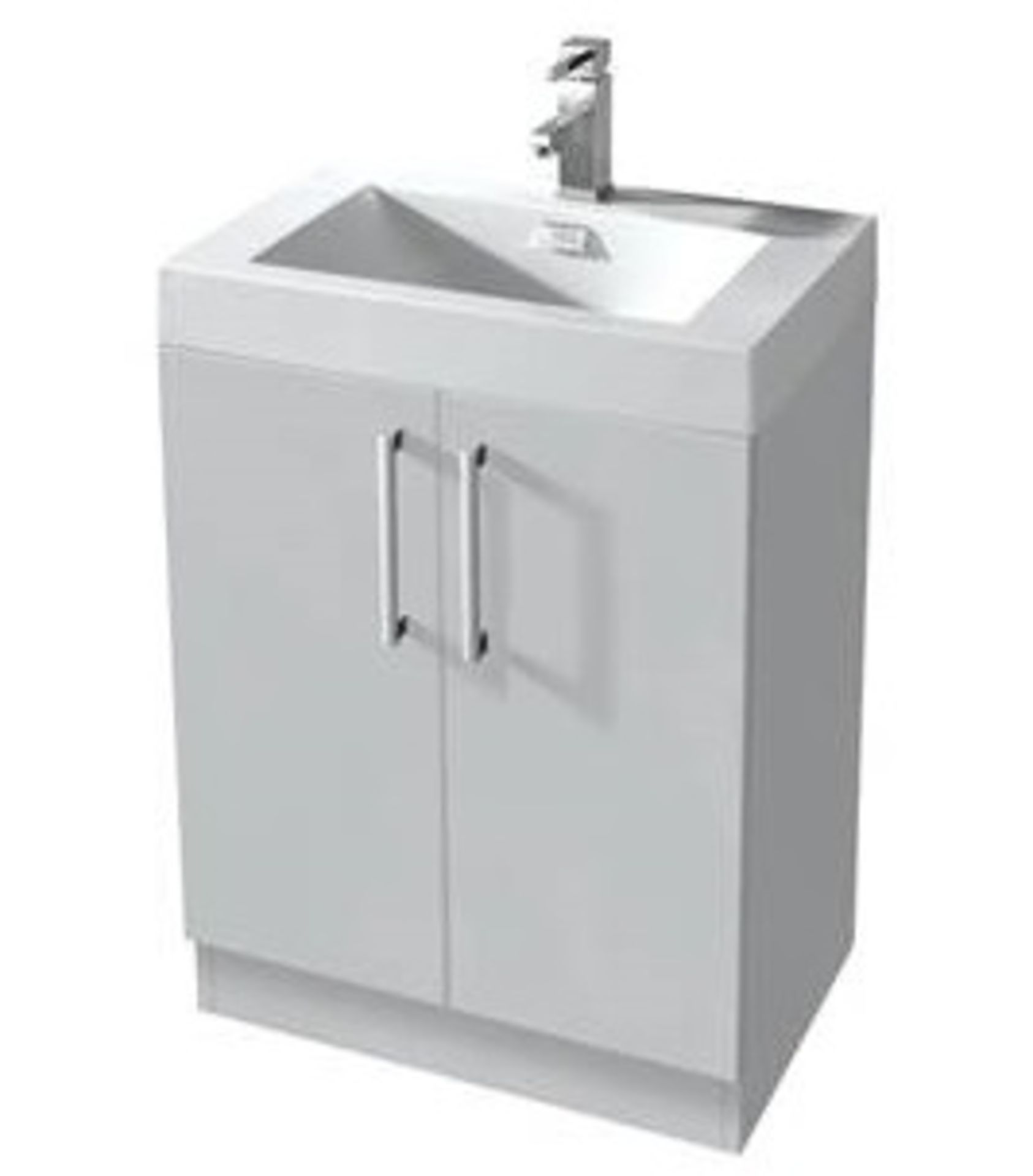 1 x Xpress White 600mm Two Door Vanity Cabinet With Heavy Resin Composite Sink Basin - - Image 2 of 2