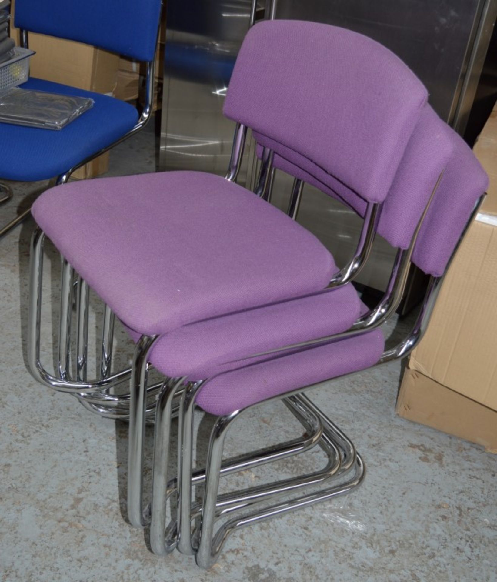 4 x Office Stacking Chairs - Purple Fabric With Chrome Base - CL106 - Good Condition - Location: